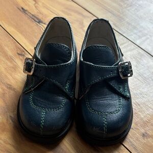 Kids Blue Leather Mary Jane Shoes with Green Stitching